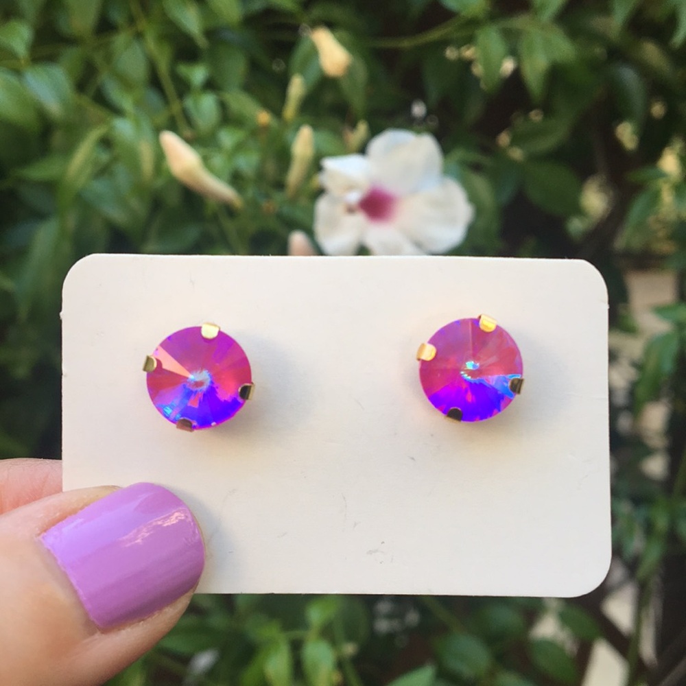 Fuchsia Hot Pink Aurora Borealis + Gold Rivoli Crystal Earrings - Picture 7 of 13
